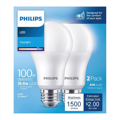 Philips A19 E26 (Medium) LED Bulb Daylight 100 Watt Equivalence 2 pk