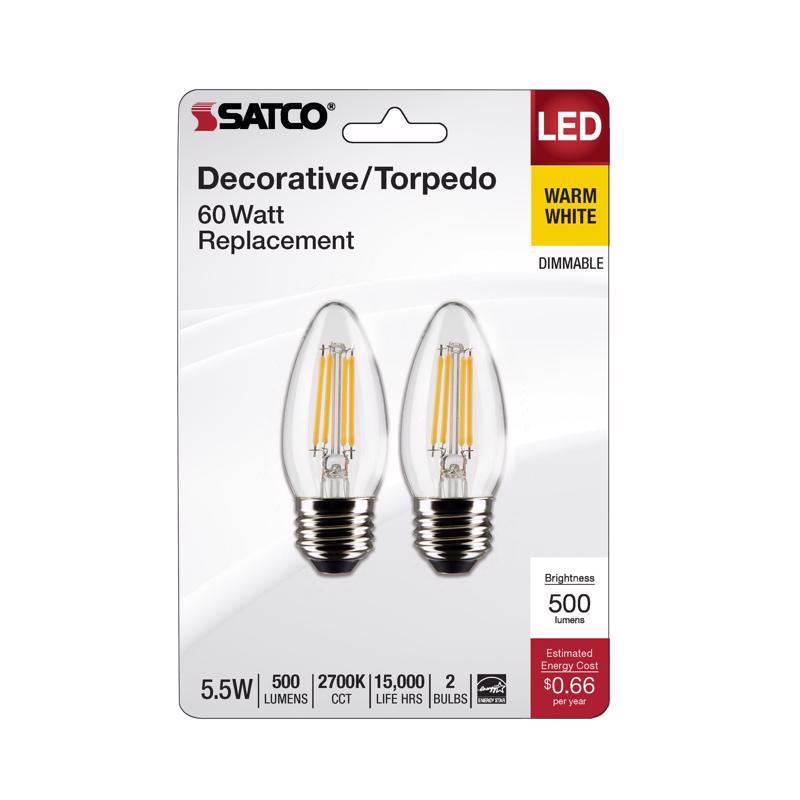 Satco B11 E26 (Mediano) Bombilla LED de filamento Blanco cálido Equivalente a 60 vatios Paq. de 2