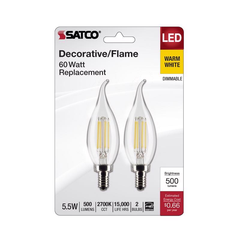 Satco CA10 (punta de llama) E12 (candelabra) bombilla LED de filamento blanco cálido equivalente a 60 vatios, paquete de 2