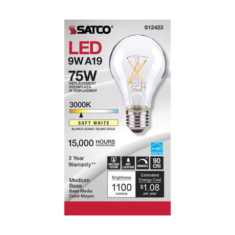 Satco A19 E26 (Medium) Filament LED Bulb Soft White 75 Watt Equivalence 1 pk (Pack of 6)