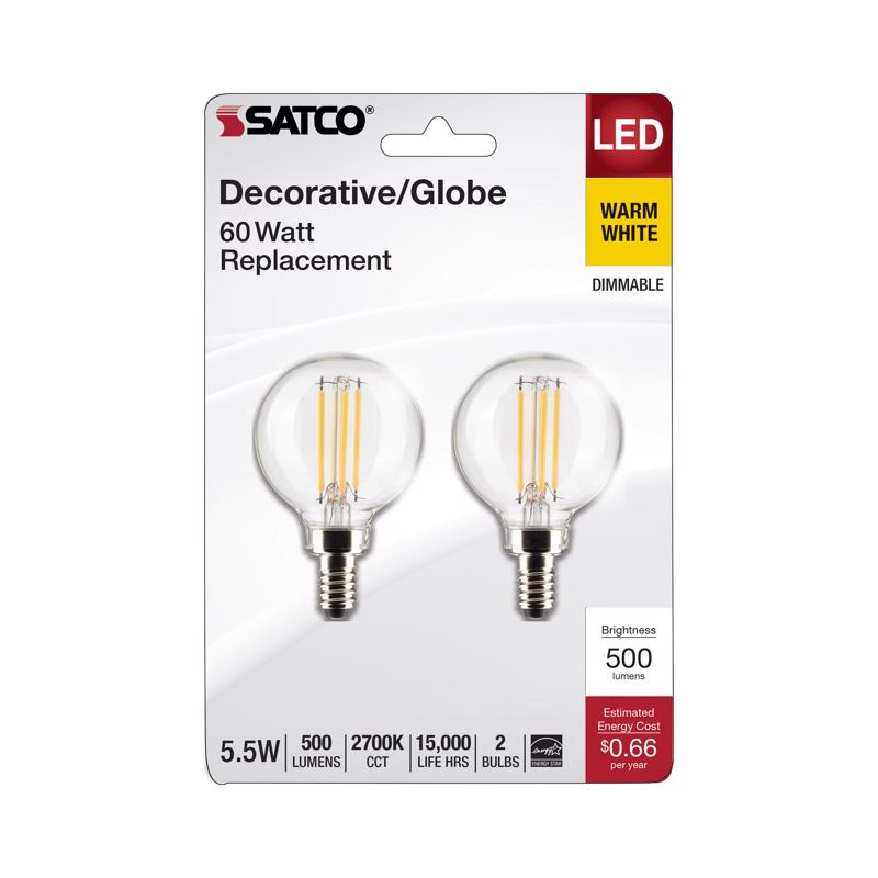 Bombilla LED de filamento Satco G16.5 E12 (candelabra) blanco cálido, equivalente a 60 vatios, paquete de 2