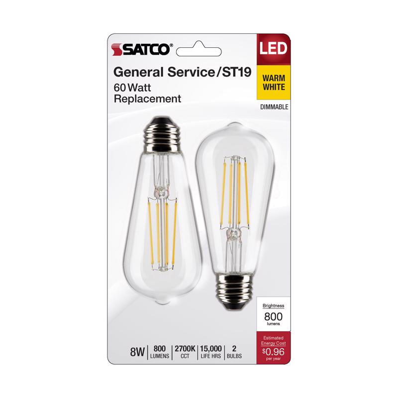 Satco ST19 E26 (Mediano) Bombilla LED de filamento Blanco cálido Equivalencia de 60 vatios Paquete de 2