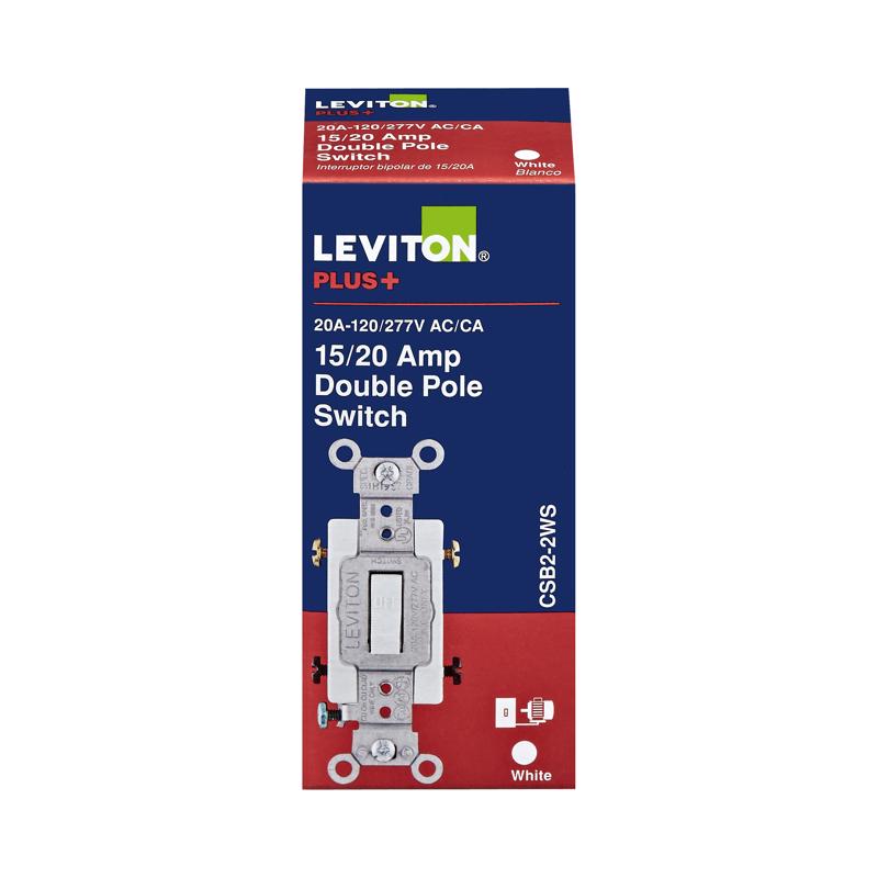 Interruptor de CA Leviton de 20 amperios, doble polo, de palanca, silencioso, blanco, 1 ud.