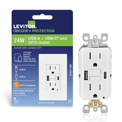 Tomacorriente Leviton GFCI blanco de 15 A y 125 V con cargador USB, 5-15R, paquete de 1