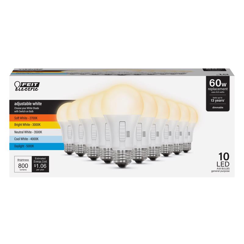 Bombilla LED Feit A19 E26 (mediana) de blanco ajustable, equivalente a 60 vatios, paquete de 10