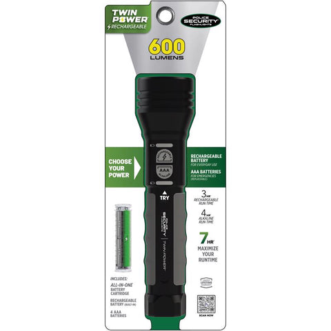 Police Security Twin Power 1000 lm Black LED Rechargeable Flashlight AAA Battery