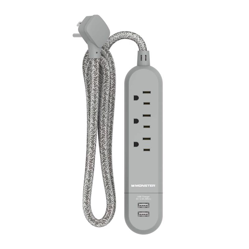 Monster Just Power It Up 4 ft. L 3 outlets Power Strip with USB Ports Gray