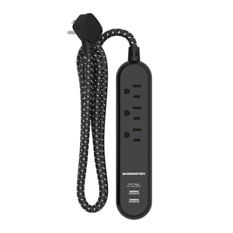 Monster Just Power It Up 4 ft. L 3 outlets Power Strip with USB Ports Black