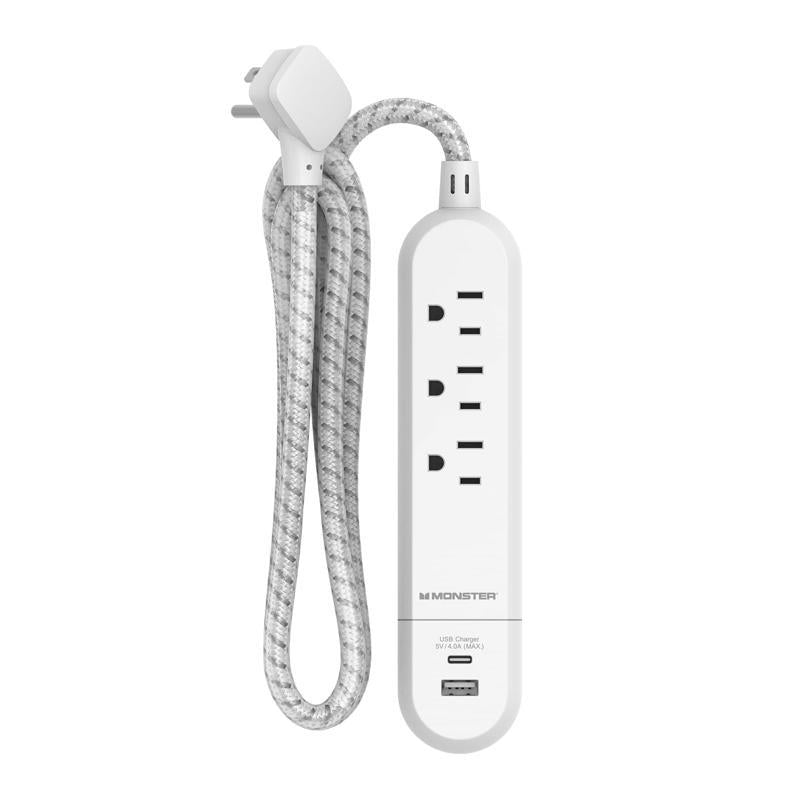 Monster Just Power it Up 4 ft. L 3 outlets Power Strip with USB Ports White