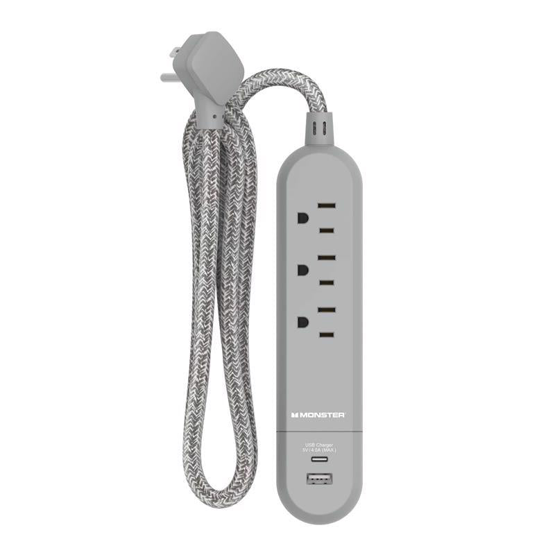 Monster Just Power it Up 4 ft. L 3 outlets Power Strip with USB Ports Gray