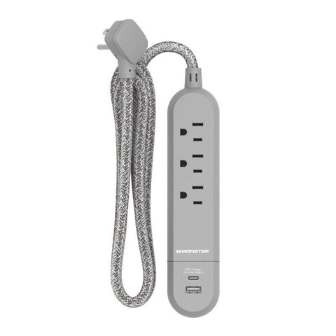 Monster Just Power it Up 4 ft. L 3 outlets Power Strip with USB Ports Gray