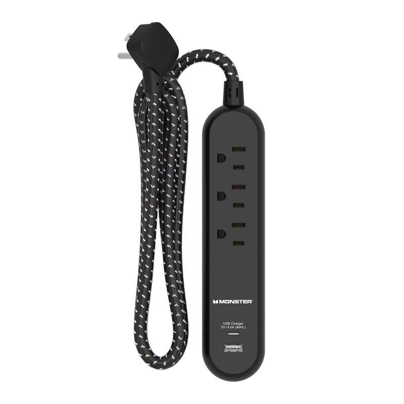 Monster Just Power it Up 4 ft. L 3 outlets Power Strip with USB Ports Black