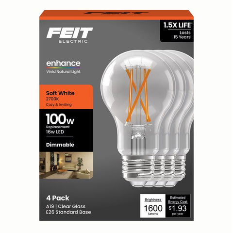 Feit A19 E26 (Medium) Filament LED Bulb Soft White 100 Watt Equivalence 4 pk