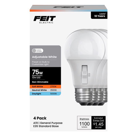 Feit A19 E26 (Medium) LED Bulb Adjustable White 75 Watt Equivalence 4 pk