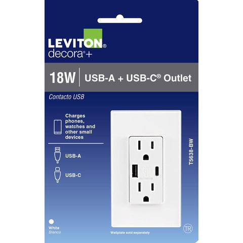 Enchufe dúplex Leviton Decora de 15 amperios, 125 V, tipo A/C, blanco, con cargador USB, 5-15R, 1 ud.