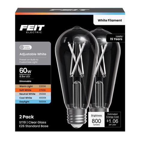 Feit ST19 E26 (Medium) Filament LED Bulb Adjustable White 60 Watt Equivalence 2 pk