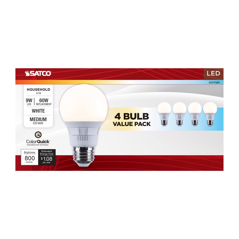 Bombilla LED Satco A19 E26 (mediana) de blanco ajustable/cambio de color, equivalente a 60 vatios, paquete de 4