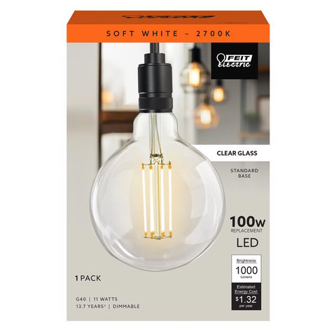 Feit G40 E26 (Medium) Filament LED Bulb Soft White 100 Watt Equivalence 1 pk (Pack of 2)