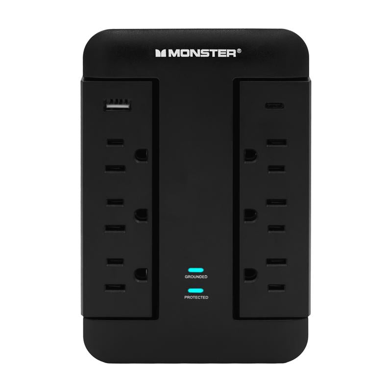 Monster Just Power It Up 0 ft. L 6 outlets Wall Tap Surge Protector w/USB Black 1200 J