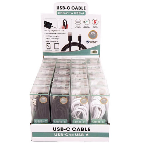Diamond Visions Assorted Braided Cord USB-A to USB-C Cable For All Smartphones 6 ft. L (Pack of 24)