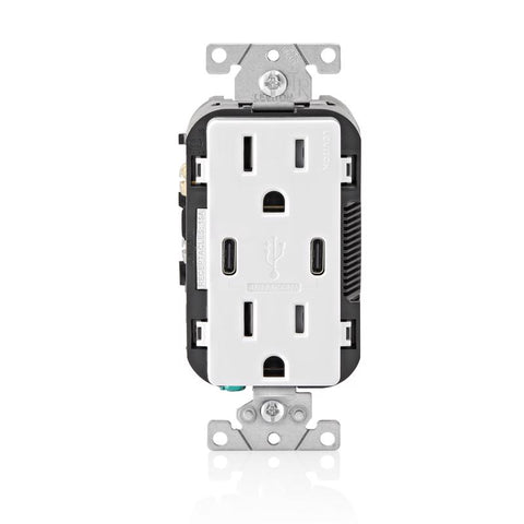 Leviton Decora 15 amps 125 V Duplex and Type C White Outlet and USB Charger 5-15R 2 pk