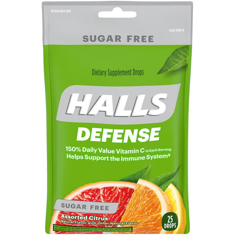 Gotas de suplemento alimenticio HALLS Defense sin azúcar con vitamina C, sabor cítrico surtido, 150 % del valor diario de vitamina C por porción, bolsa resellable, 25 gotas