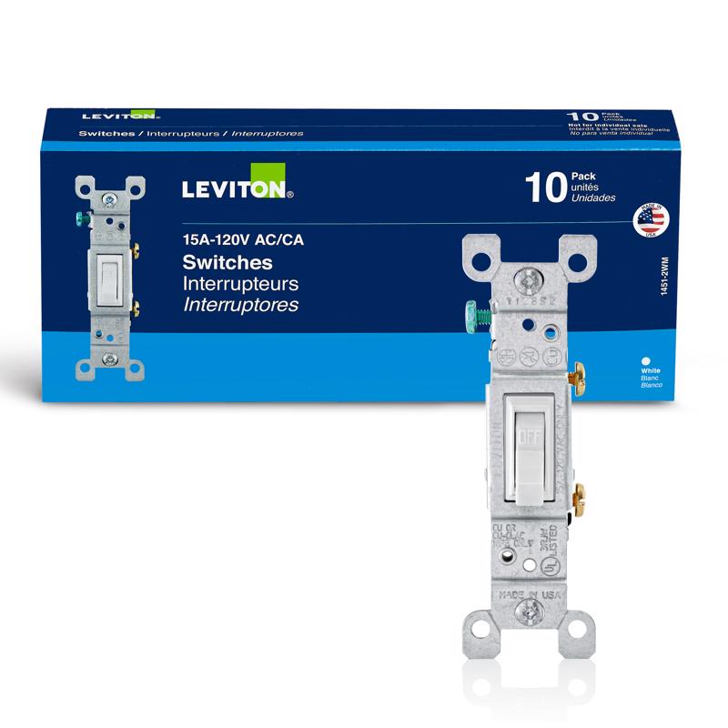 Interruptor de CA Leviton de palanca simple, 15 amperios, silencioso, blanco, paquete de 10