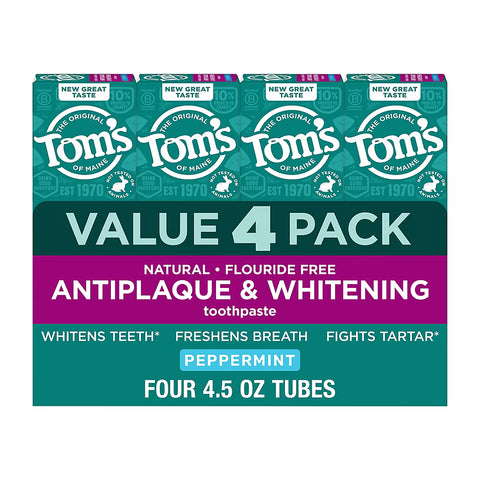 Tom's of Maine Antiplaque & Whitening Fluoride-Free Mint Toothpaste, 4.5 oz, 4 Pack, Natural Toothpaste for Everyday Oral Care