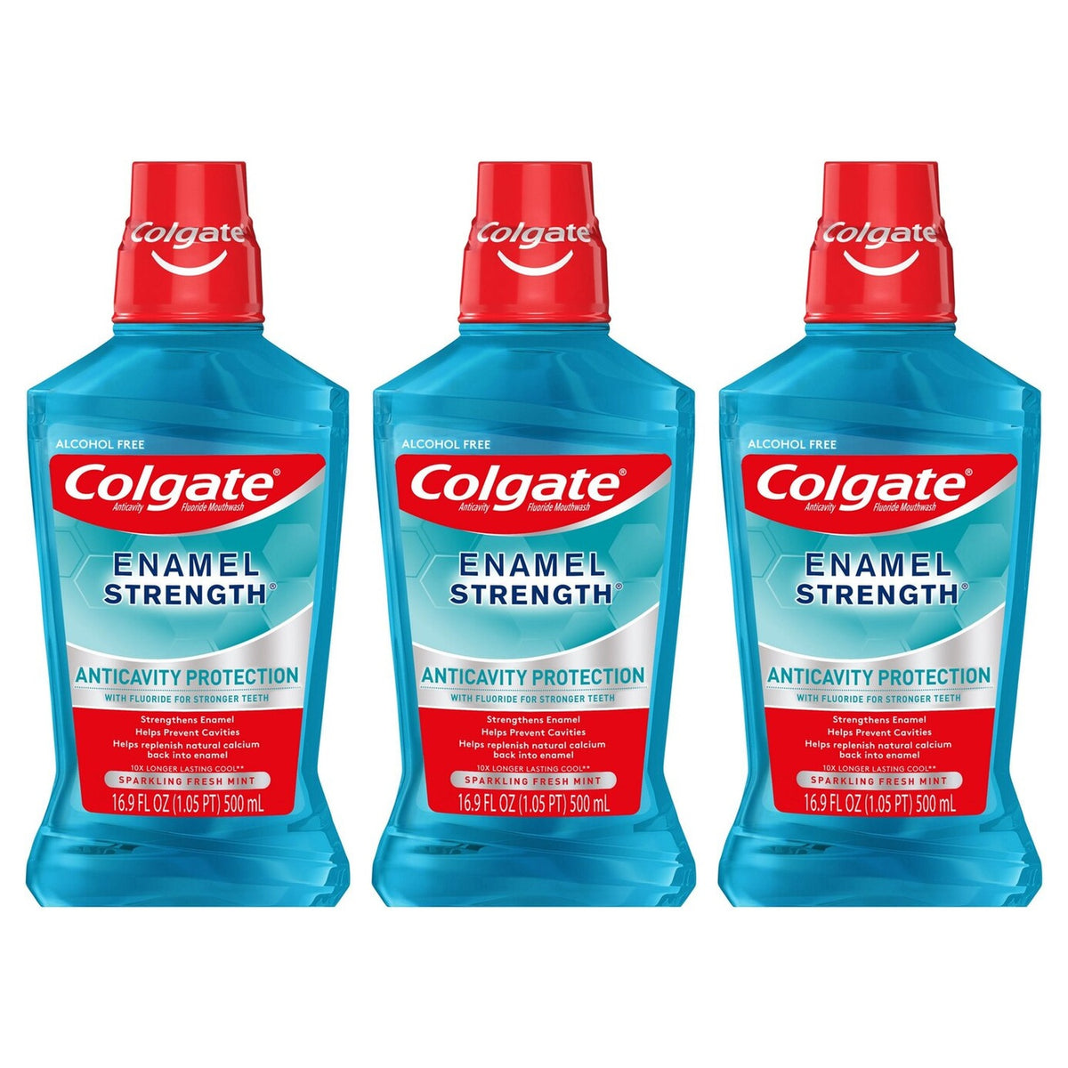 Enjuague bucal Colgate Enamel Strength, Menta Fresca y Brillante, 16.9 fl oz, Paquete de 3, Enjuague bucal para el cuidado del esmalte para el cuidado bucal diario