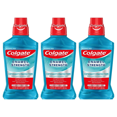 Enjuague bucal Colgate Enamel Strength, Menta Fresca y Brillante, 16.9 fl oz, Paquete de 3, Enjuague bucal para el cuidado del esmalte para el cuidado bucal diario