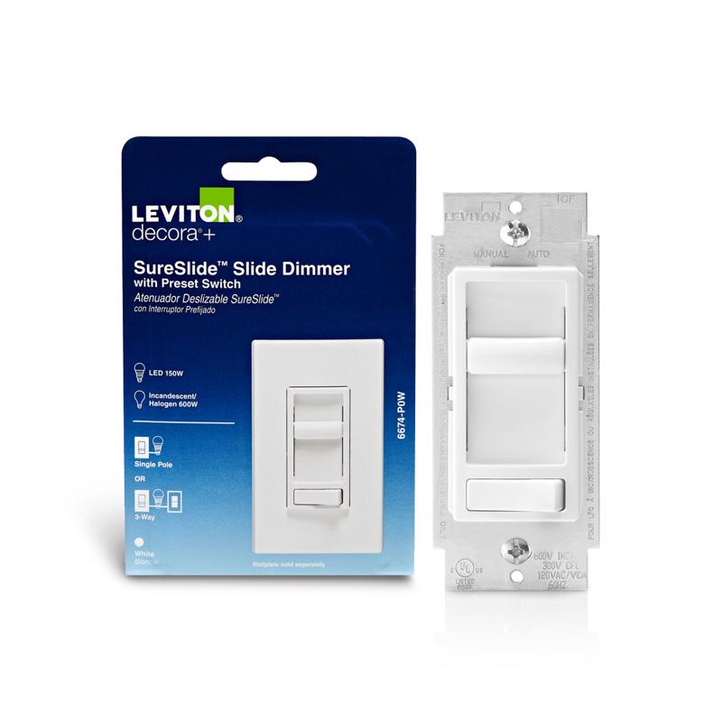 Interruptor regulador de intensidad preestablecido Leviton Decora SureSlide blanco de 600 W, 1 ud.