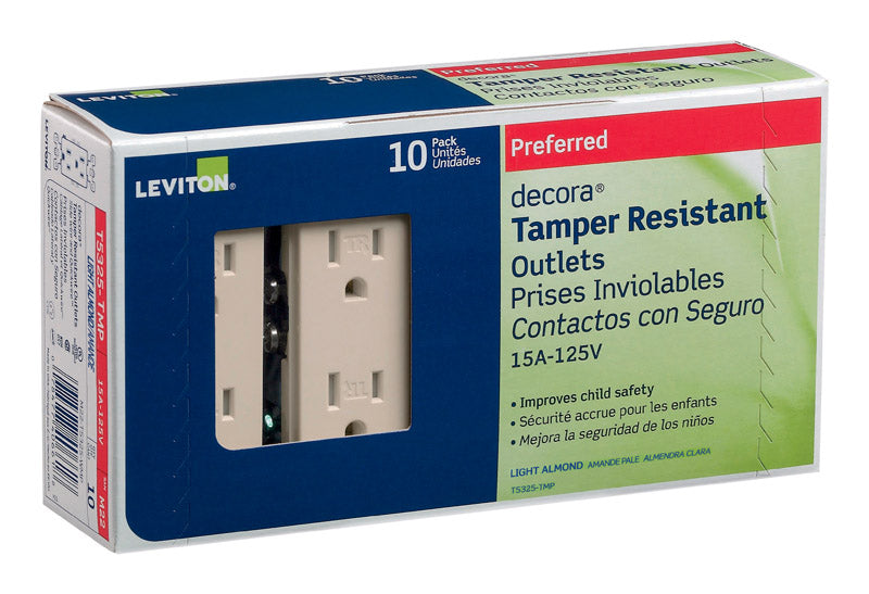 Enchufe dúplex Leviton Decora de 15 amperios y 125 V, color almendra claro, 5-15R, paquete de 10