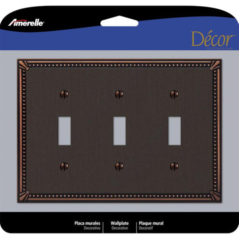 Placa de pared para interruptor de palanca Amerelle Imperial Bead de bronce envejecido, metal fundido, 3 unidades, paquete de 1