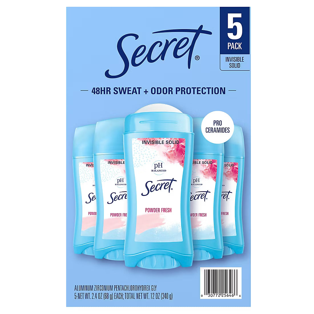 Secret Antiperspirant Deodorant Invisible Solid, Powder Fresh, 2.4 oz, 5 Pack, Long-Lasting Odor Protection
