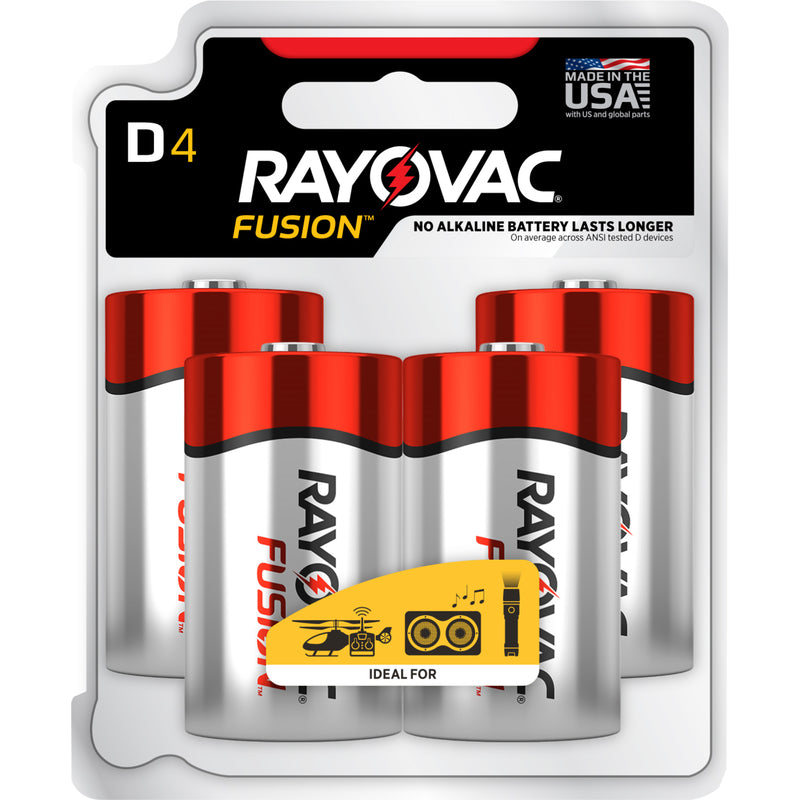 Pilas alcalinas Rayovac Fusion D, paquete de 4 en tarjeta