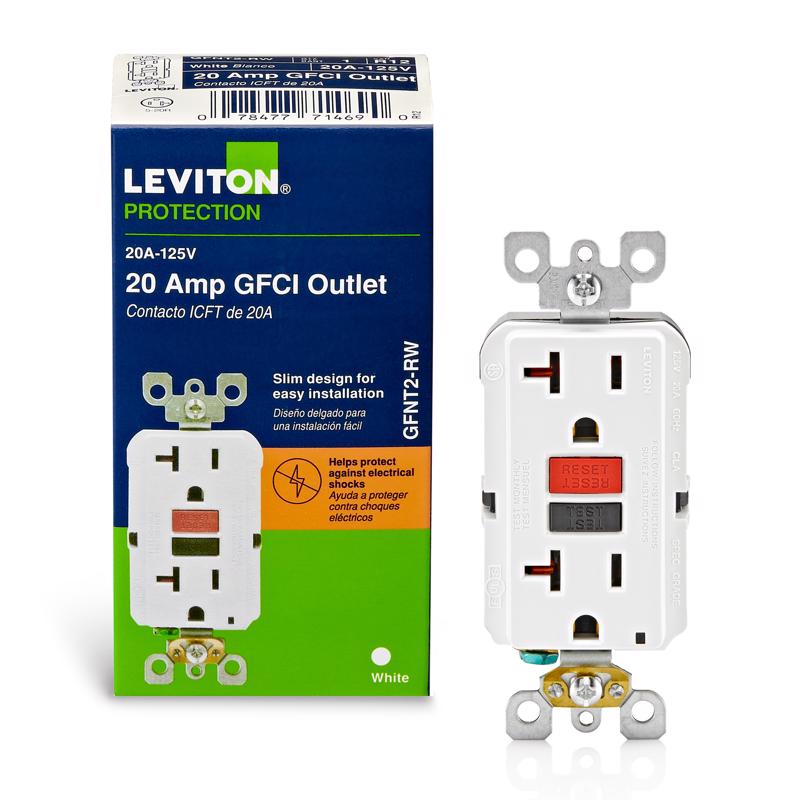 Tomacorriente dúplex Leviton SmartlockPro GFCI de 20 A, 125 V, blanco, 5-20R, 1 ud.