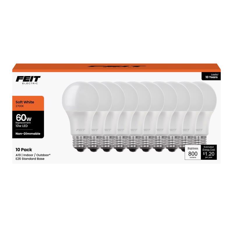 Feit A19 E26 (Medium) LED Bulb Soft White 60 Watt Equivalence 10 pk (Pack of 4)