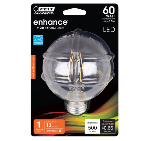 Feit Enhance G25 E26 (Medium) Filament LED Bulb Soft White 60 Watt Equivalence 1 pk