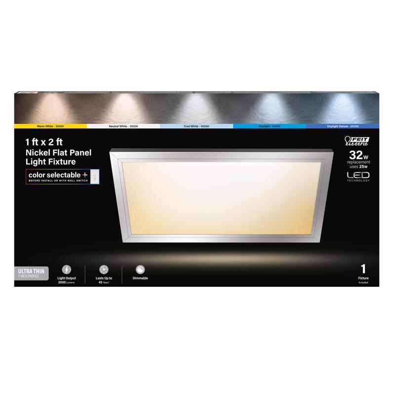 Luminaria LED de panel plano Feit EDGELIT de 1 pulg. de alto x 12 pulg. de ancho x 23,8 pulg. de largo, níquel cepillado y blanco