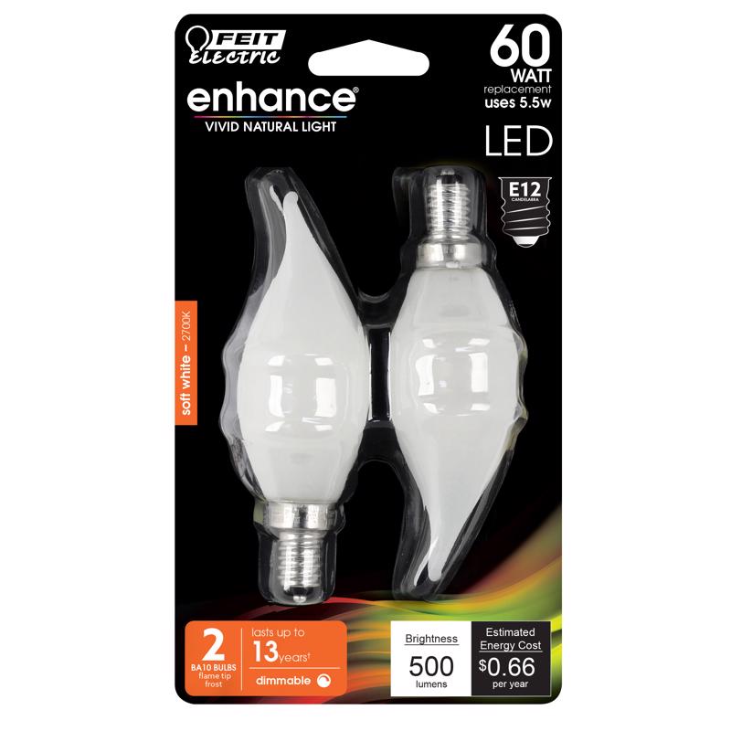 Feit CA10 (Flame Tip) E12 (Candelabra) LED Bulb Soft White 40 Watt Equivalence 2 pk