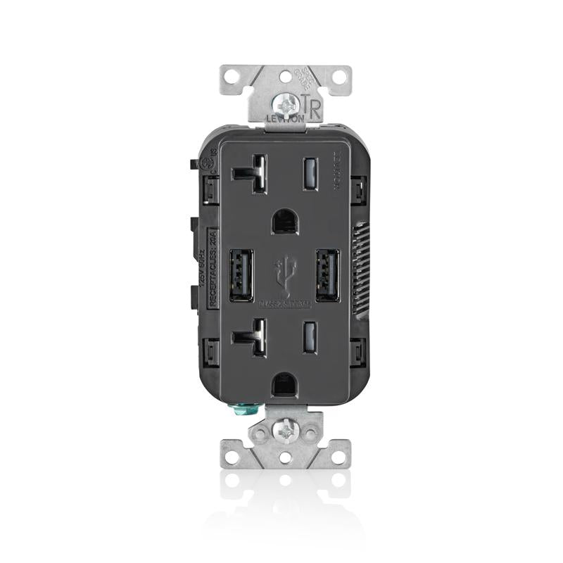 Enchufe negro Leviton Decora de 20 A y 125 V con cargador USB, 5-20R, 1 ud.