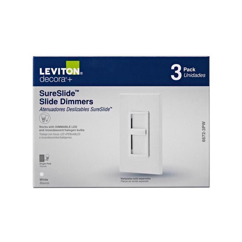 Interruptor regulador de luz deslizante Leviton Decora SureSlide blanco de 600 W, paquete de 3