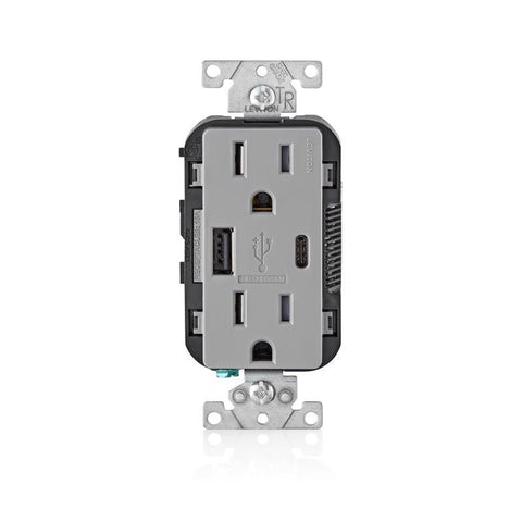 Tomacorriente dúplex Leviton Decora de 15 amperios, 125 V, tipo A/C, color gris, con cargador USB, 5-15R, paquete de 1