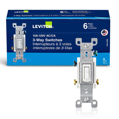 Interruptor de CA Leviton de 15 amperios, tres polos, palanca, silencioso, blanco, paquete de 6