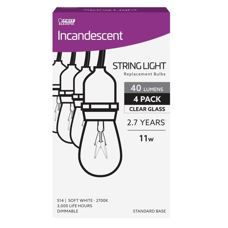 Bombilla incandescente decorativa Feit 11 W S14 E26 (mediana) blanco cálido, paquete de 4
