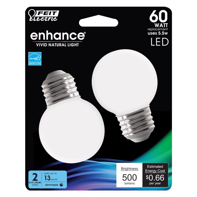 Bombilla LED de filamento Feit Enhance G16.5 E26 (mediana), luz de día, equivalente a 60 vatios, paquete de 2
