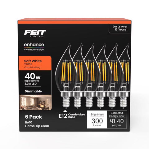 Feit Enhance BA10 E12 (Candelabra) Filament LED Bulb Soft White 40 Watt Equivalence 6 pk