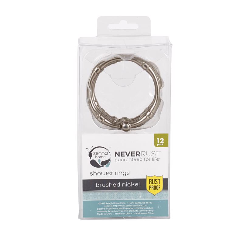 Zenna Home Anillas para cortina de ducha de metal plateado níquel cepillado, paquete de 12