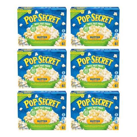 Pop Secret 94% Fat Free Butter Microwave Popcorn, 20 Calories per Cup Popped, No Artificial Preservatives, 6 Bags per Box (Pack of 6, 36 Bags Total)
