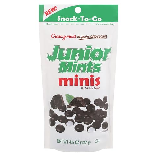 Junior Mints Minis, Creamy Mints in Pure Chocolate, No Artificial Colors, 4.5 oz Resealable Snack-To-Go Bag